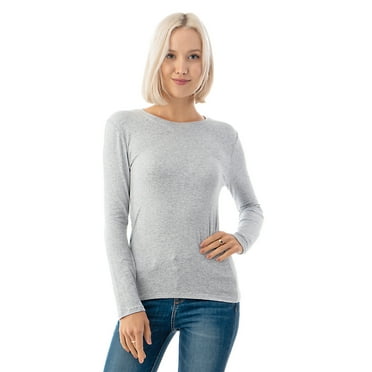 Simply Fashion Basic Round Crew Neck Long Sleeve T-Shirts - Stretch Cotton Spandex Hgrey-Large