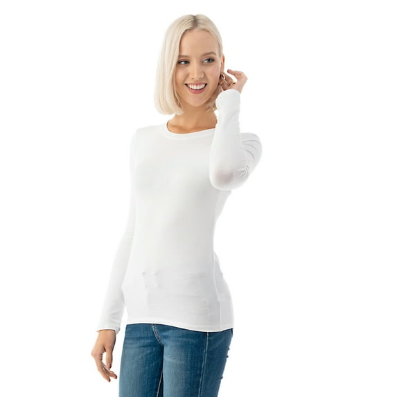 Simply Fashion Basic Round Crew Neck Long Sleeve T-Shirts - Stretch Cotton Spandex Ivory-Small
