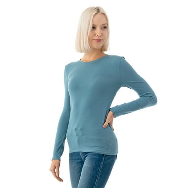 Simply Fashion Basic Round Crew Neck Long Sleeve T-Shirts - Stretch Cotton Spandex Titanium-Small