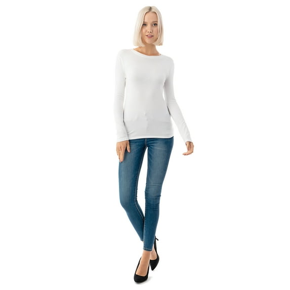 Simply Fashion Basic Round Crew Neck Long Sleeve T-Shirts - Stretch Cotton Spandex White-Large