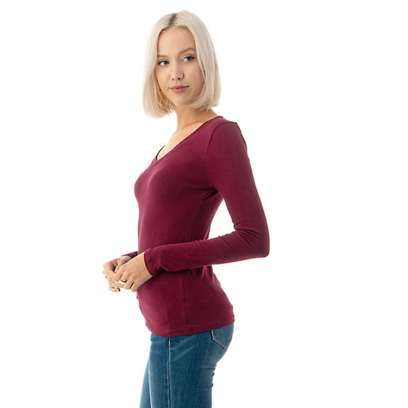 Simply Fashion Basic V Neck Long Sleeve T-Shirts - Stretch Cotton SpandexD.BURGUNDY,LARGE