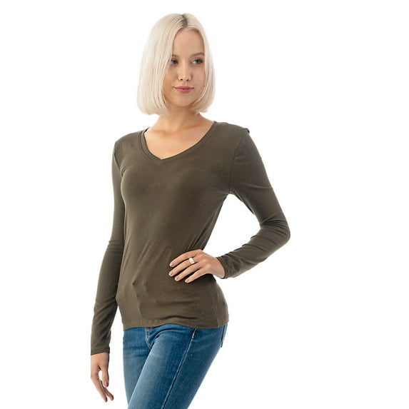 Simply Fashion Basic V Neck Long Sleeve T-Shirts - Stretch Cotton SpandexD.OLIVE,LARGE