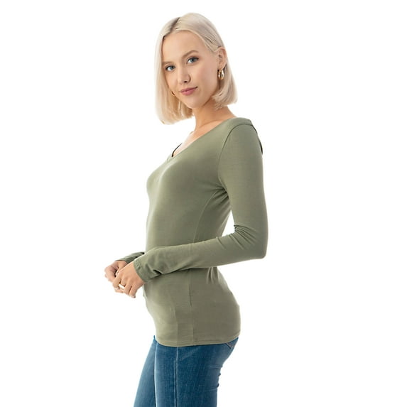Simply Fashion Basic V Neck Long Sleeve T-Shirts - Stretch Cotton SpandexL.OLIVE,XLARGE