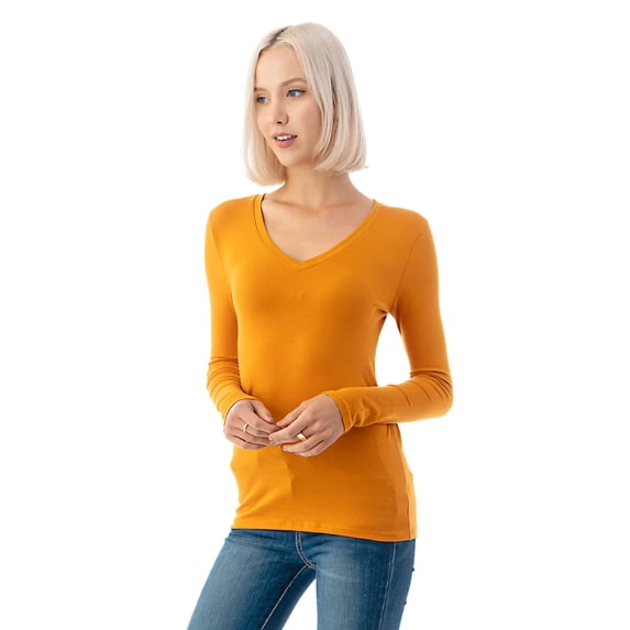Simply Fashion Basic V Neck Long Sleeve T-Shirts - Stretch Cotton SpandexMUSTARD,MEDIUM