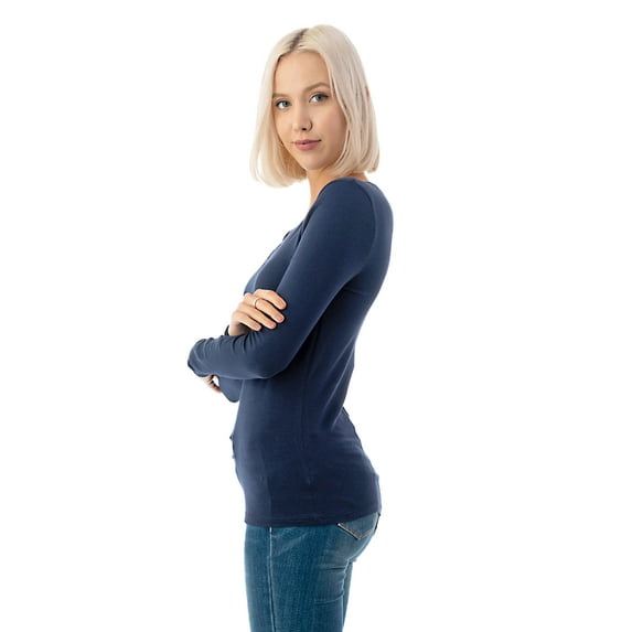 Simply Fashion Basic V Neck Long Sleeve T-Shirts - Stretch Cotton SpandexNAVY,MEDIUM