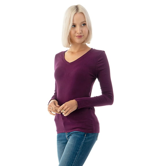 Simply Fashion Basic V Neck Long Sleeve T-Shirts - Stretch Cotton SpandexPLUM,LARGE