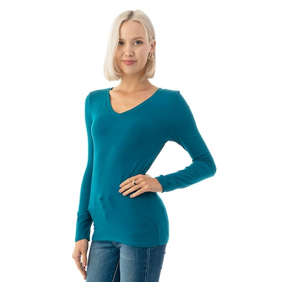 Simply Fashion Basic V Neck Long Sleeve T-Shirts - Stretch Cotton SpandexTEAL,XLARGE