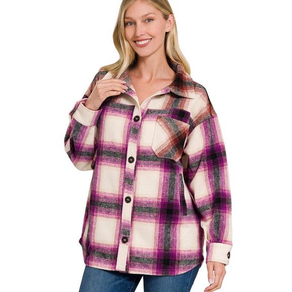Simply Fashion OVERSIZED-YARN DYED Plaid LongLine Shacket MAGENTA,MEDIUM
