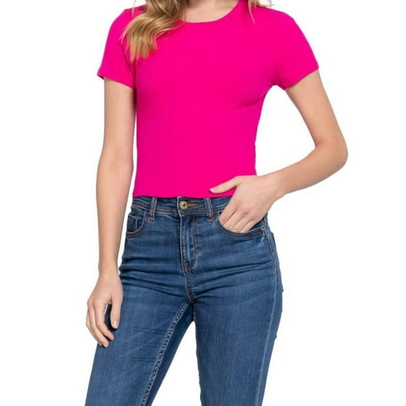 Simply Fashion Women's Ribbed Crop Top – Short Sleeve Crew Neck Fitted Tee – Stretch Rayon Spandex Knit,fuchsia,small
