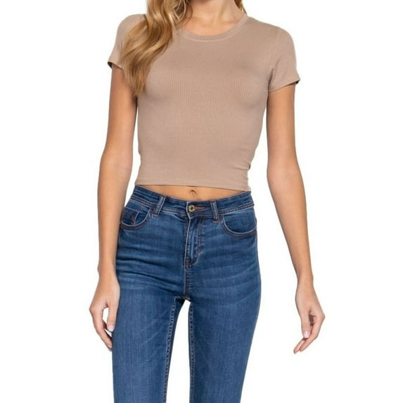 Simply Fashion Women's Ribbed Crop Top – Short Sleeve Crew Neck Fitted Tee – Stretch Rayon Spandex Knit,khaki,small