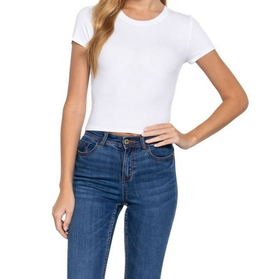 Simply Fashion Women's Ribbed Crop Top – Short Sleeve Crew Neck Fitted Tee – Stretch Rayon Spandex Knit,white,small