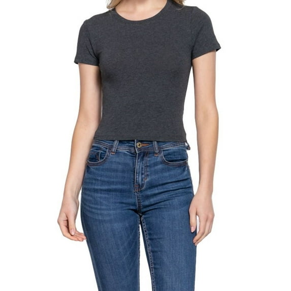 Simply Fashion Women’s Short Sleeve Crew Neck Cotton Spandex Crop Top,Charcoal,Medium