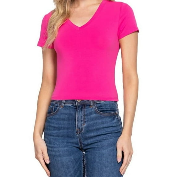 Simply Fashion Women’s Short Sleeve V- Neck Cotton Spandex Crop Top,Fuchsia,Small