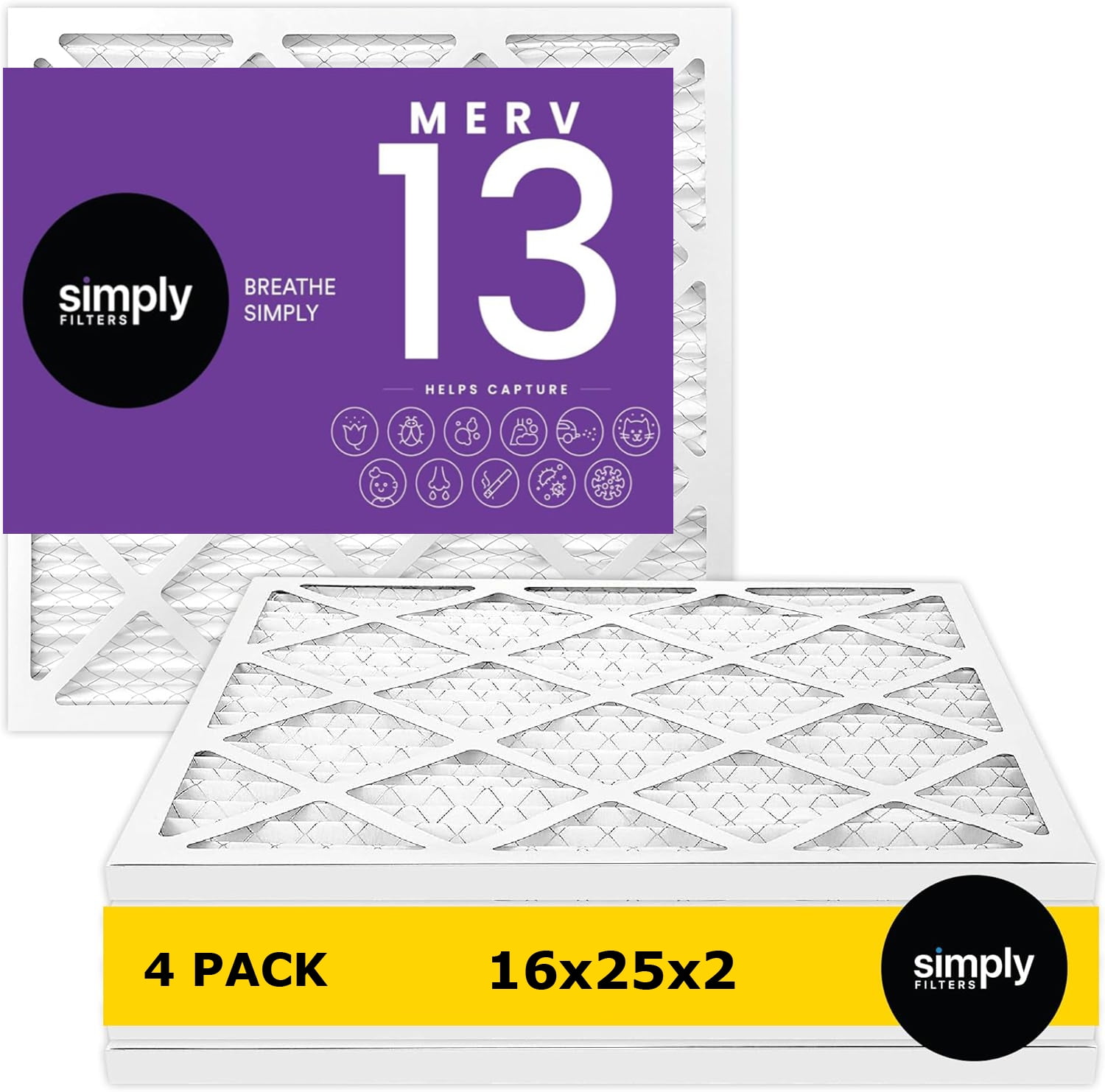 Simply Filters 16x25x2 MERV 13, MPR 1500, AC Furnace HVAC Air Filter (4