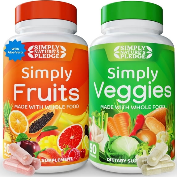 Simply Nature's Pledge Whole Food Superfood Capsules, 30+ Fruits & Vegetables Blend, Daily Energy, Immune & Digestive Support, Vegan, Non-GMO, Soy-Free, 90 Capsules, Pack of 2
