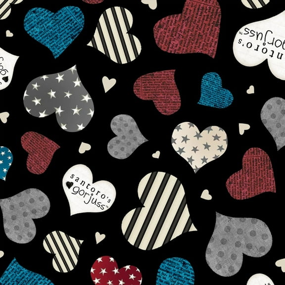 "Simply Gorjuss" Patterned Hearts 100% Cotton Fabric Sold by The Yard