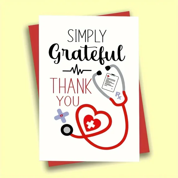 Simply Grateful Thank You Card for Healthcare Workers – Blank Inside, Heart and Stethoscope Design – Perfect Appreciation Gift for Nurses, Doctors, and Medical Staff
