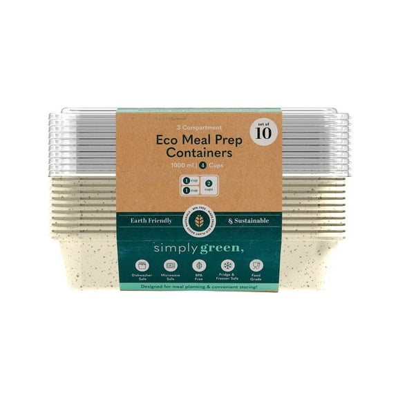 Simply Green 20-Piece Meal Prep Container Set  43 oz, 3-Section Divided, BPA-Free, Eco-Friendly, Microwave, Freezer & Dishwasher Safe