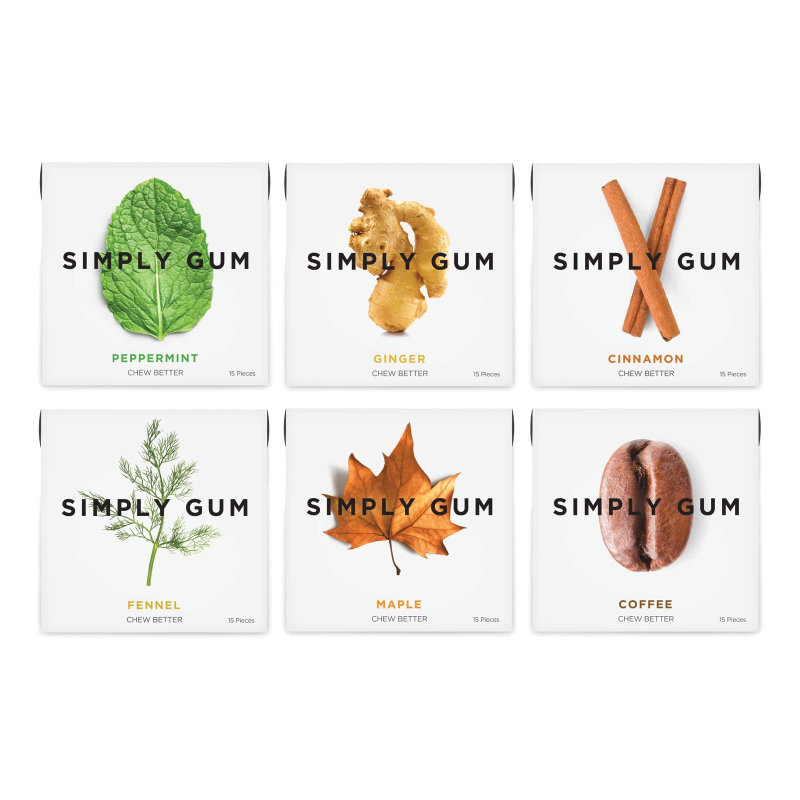Simply Gum Variety Pack Peppermint, Cinnamon, Ginger, Fennel, Maple