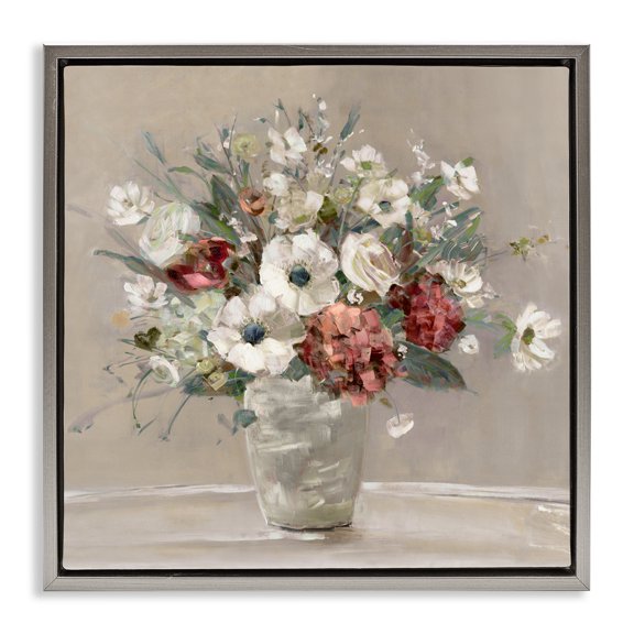 Stupell Industries Simply Happy Bouquet on Beige Gray Framed Floater Canvas Wall Art, design by Sally Swatland, 18 x 18