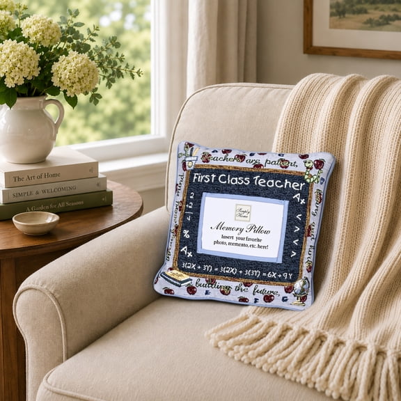 Simply Home 12" Square "First Class Teacher" Memory Photo Indoor Throw Pillow - Blue/Red