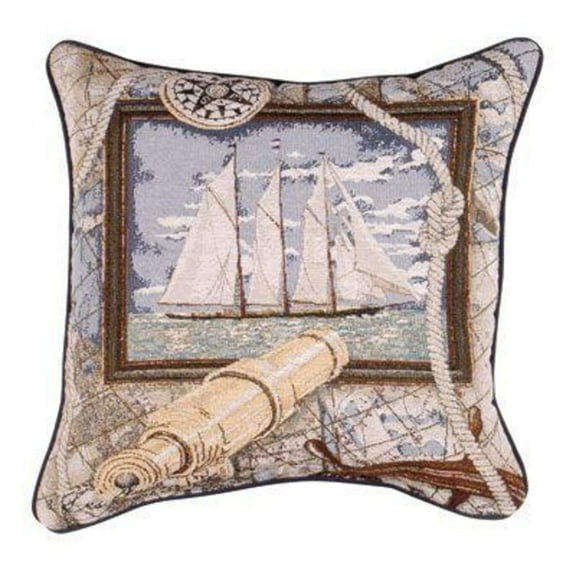 Simply Home 17" Square Nautical Seascape Sailboat Indoor Throw Pillow - Brown/Beige