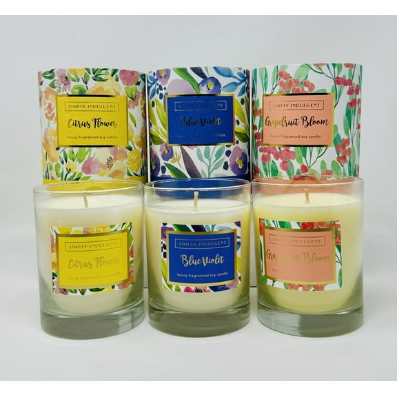 Simply Indulgent Luxury Fragranced Soy Candles Gift Set 3-Pack (Citrus Flower, Blue Violet, Grapefruit Bloom)