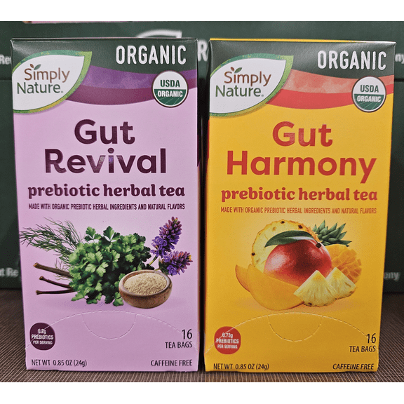 Simply Nature Organic Gut Revival & Harmony Prebiotic Herbal Tea Caffeine Free 0.85oz 24g (2 Boxes)