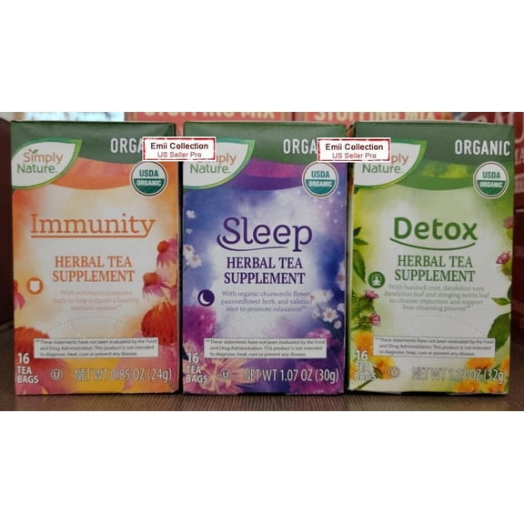 Simply Nature Organic Herbal Tea Supplement Immunity, Sleep, Detox (3 Boxes)