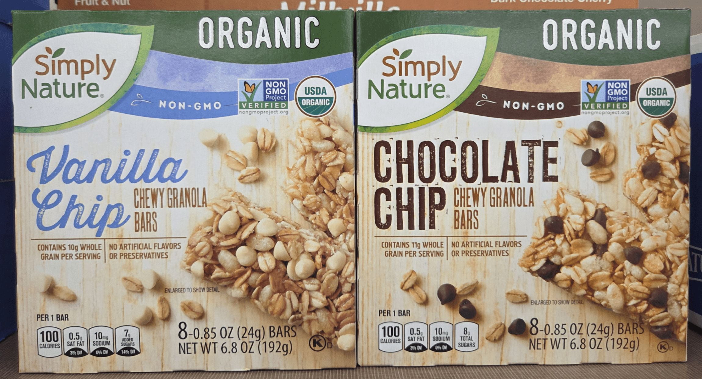 Simply Nature Organic NON-GMO Vanilla Chip & Chocolate Chip Chewy Granola Bars 6.8oz 192g (2 Boxes)
