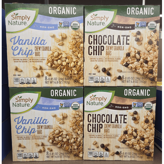 Simply Nature Organic NON-GMO Vanilla Chip & Chocolate Chip Chewy Granola Bars 6.8oz 192g (4 Boxes)