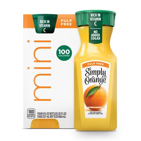 Simply Orange Pulp-Free Orange Juice Bottles, 8 fl oz, 4 Pack