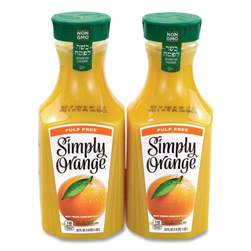 Simply Orange Orange Juice Pulp Free, 52 oz Bottle, 2/Pack, Ships in 1