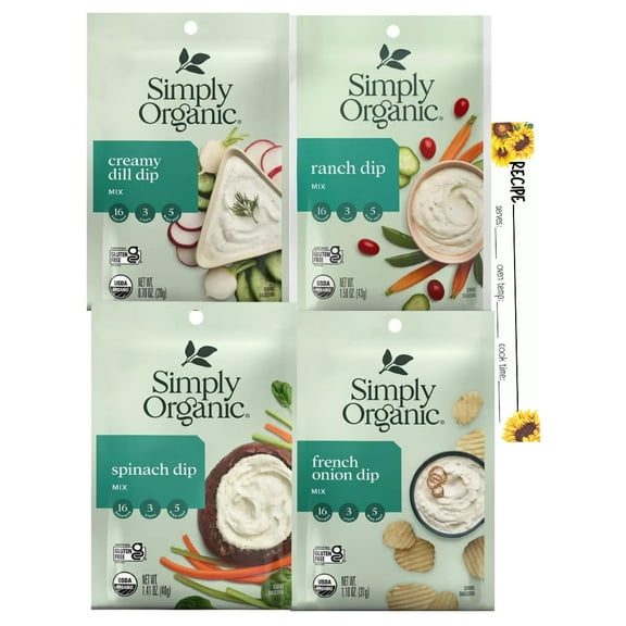 Simply Organic Dip Mix Party Variety 4 Pack | Dill, Ranch, French Onion, Spinach
