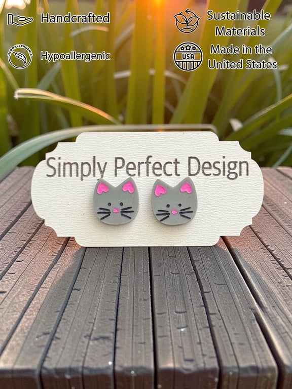 - Cat ear ring Studs - Kitten Earrings for Women, Hypoallergenic and Cute - Acrylic Jewelry, Perfect Fashion Accessories & Gifts - Gray cat stud earrings small
