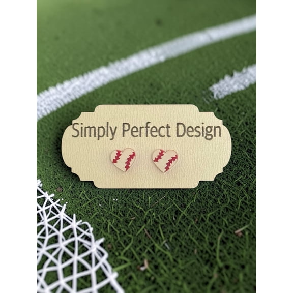Simply Perfect Design Handcrafted Baseball Heart Wooden Stud Earrings, Hypoallergenic