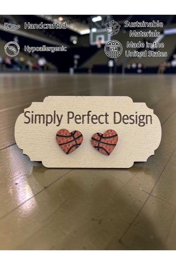 Handcrafted Basketball Heart Wooden Stud Earrings, Hypoallergenic, Large