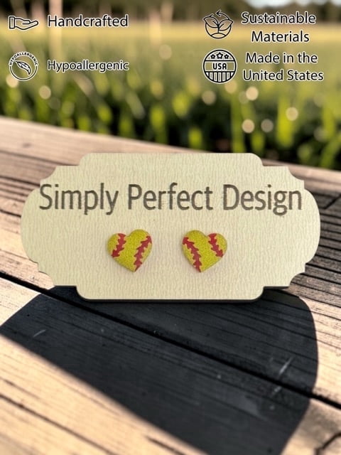 Handcrafted Softball Heart Acrylic Stud Earrings, Hypoallergenic, Small