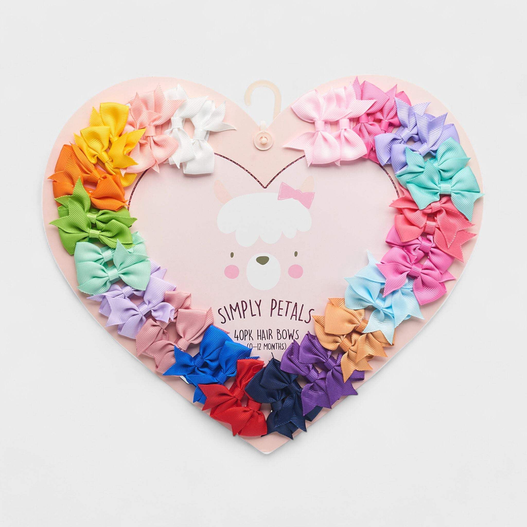 Simply Petals 40 Pack Heart Themed Hair Bow Set - Baby Bows for 0-12 Months, Colorful Clips for Infants, Girl, 40pcs