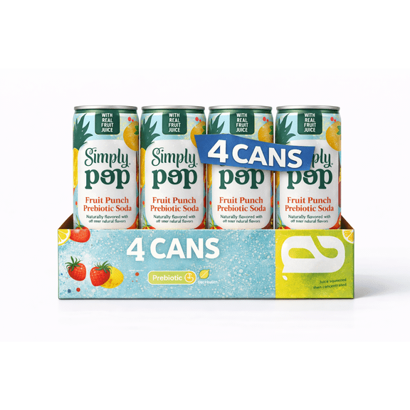 Simply Pop Prebiotic Soda, Fruit Punch, 4 Cans (12oz Each) Sparkling Prebiotic Soda with Real Fruit Juice