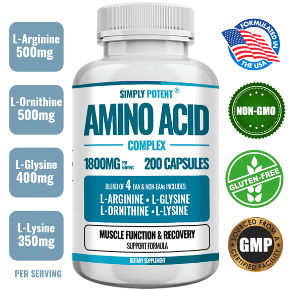 Simply Potents Essential Amino Acid Complex 1800mg – 200 Capsules | USA-Made Blend for Muscle Support & Recovery
