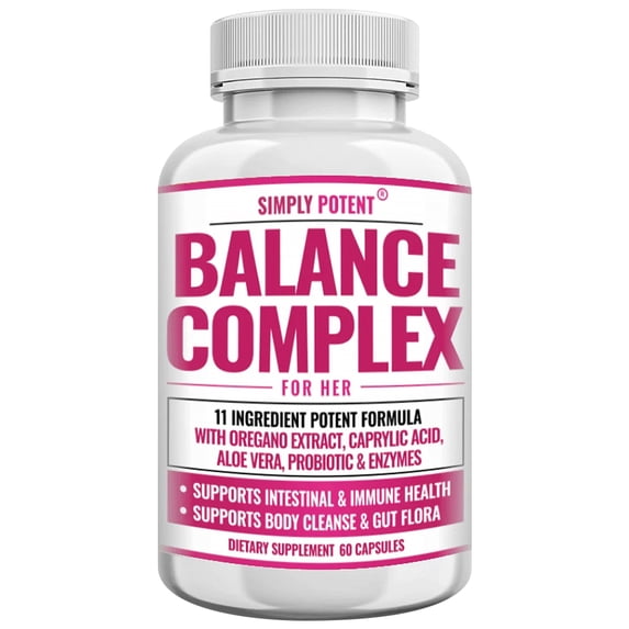 Simply Potent Feminine Balance Complex - Candida Cleanse & Vaginal Health Probiotic, 11-Ingredient Formula with Oregano, Caprylic Acid, Aloe & Reishi, Yeast, BV & pH Balance Support, 60 Capsules