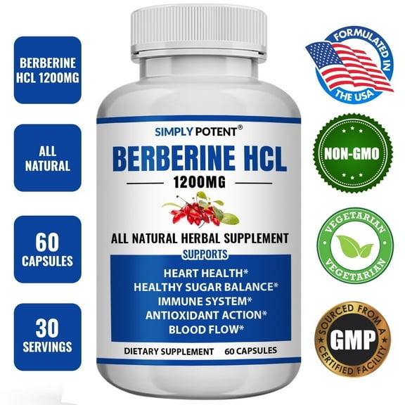 Simply Potents Berberine HCL 1200mg - High-Potency Supplement for Heart Health, Blood Sugar & Metabolic Balance, 60 Capsules