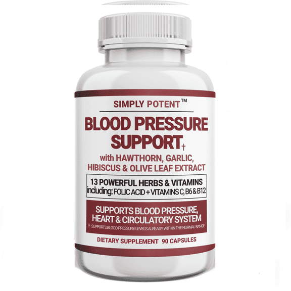 Simply Potent Blood Pressure Support for Men & Women, Hawthorn, Hibiscus, Garlic, Olive Leaf & Green Tea, 13-in-1 Cardiovascular Formula, 90 Ct