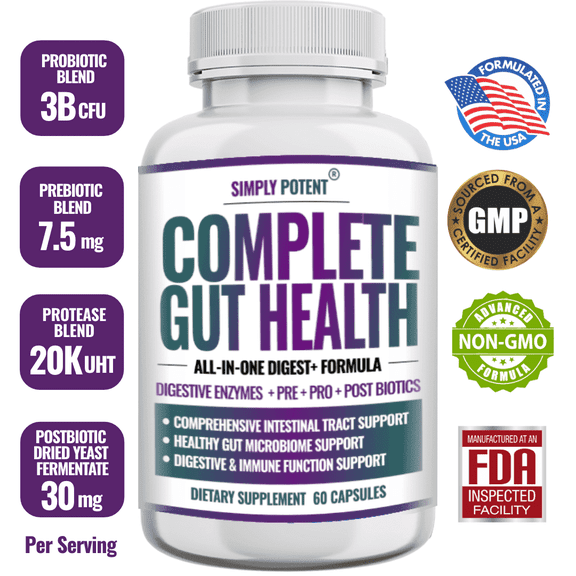 Simply Potent All-in-1 Complete Gut Health Digestive Health Probiotics and Prebiotics Supplement, 60 Caps