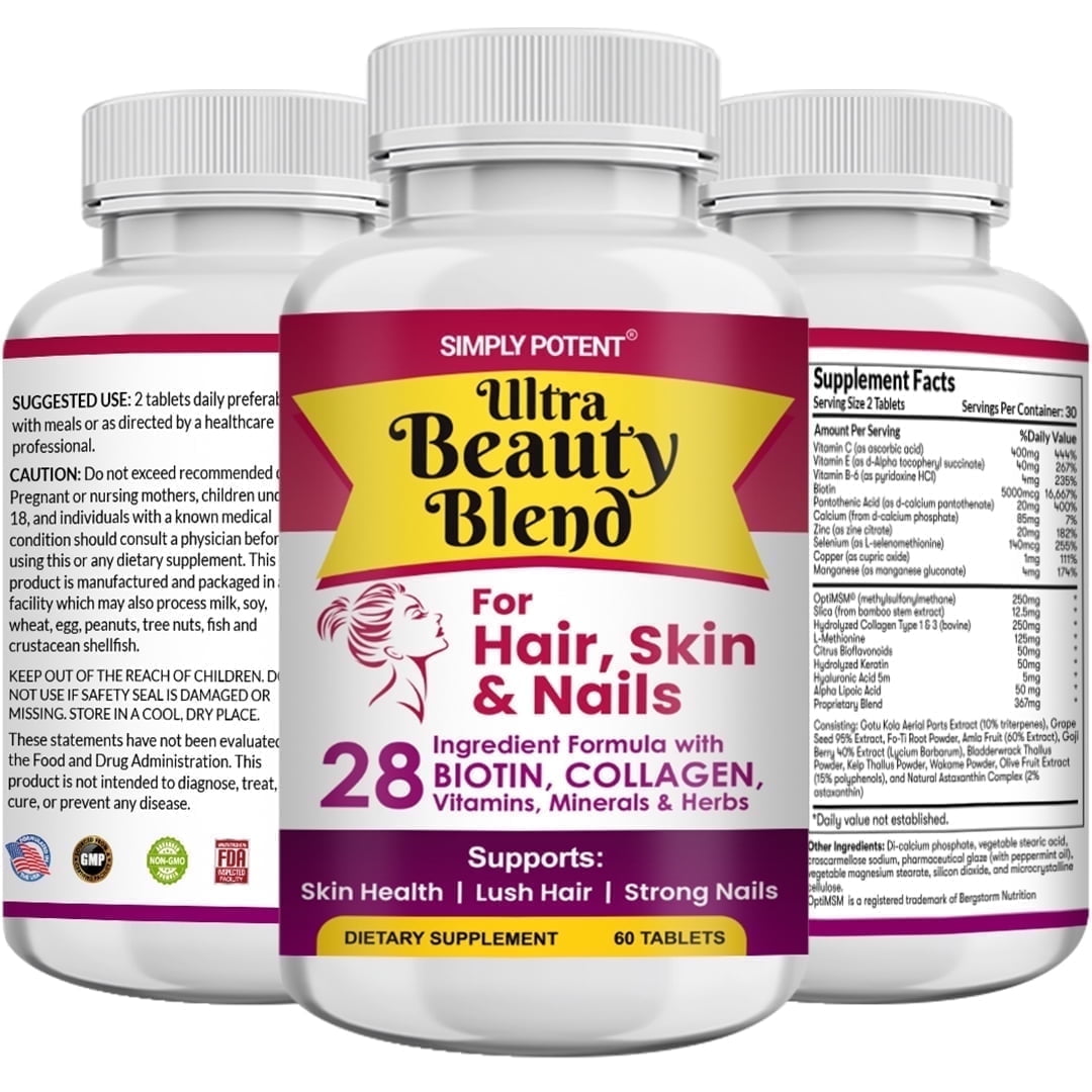 Simply Potents Hair, Skin & Nails Supplement with Biotin, Keratin, MSM, Collagen & Hyaluronic Acid – 60 Tablets