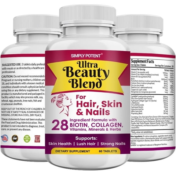 Simply Potents Hair, Skin & Nails Supplement with Biotin, Keratin, MSM, Collagen & Hyaluronic Acid 60 Tablets