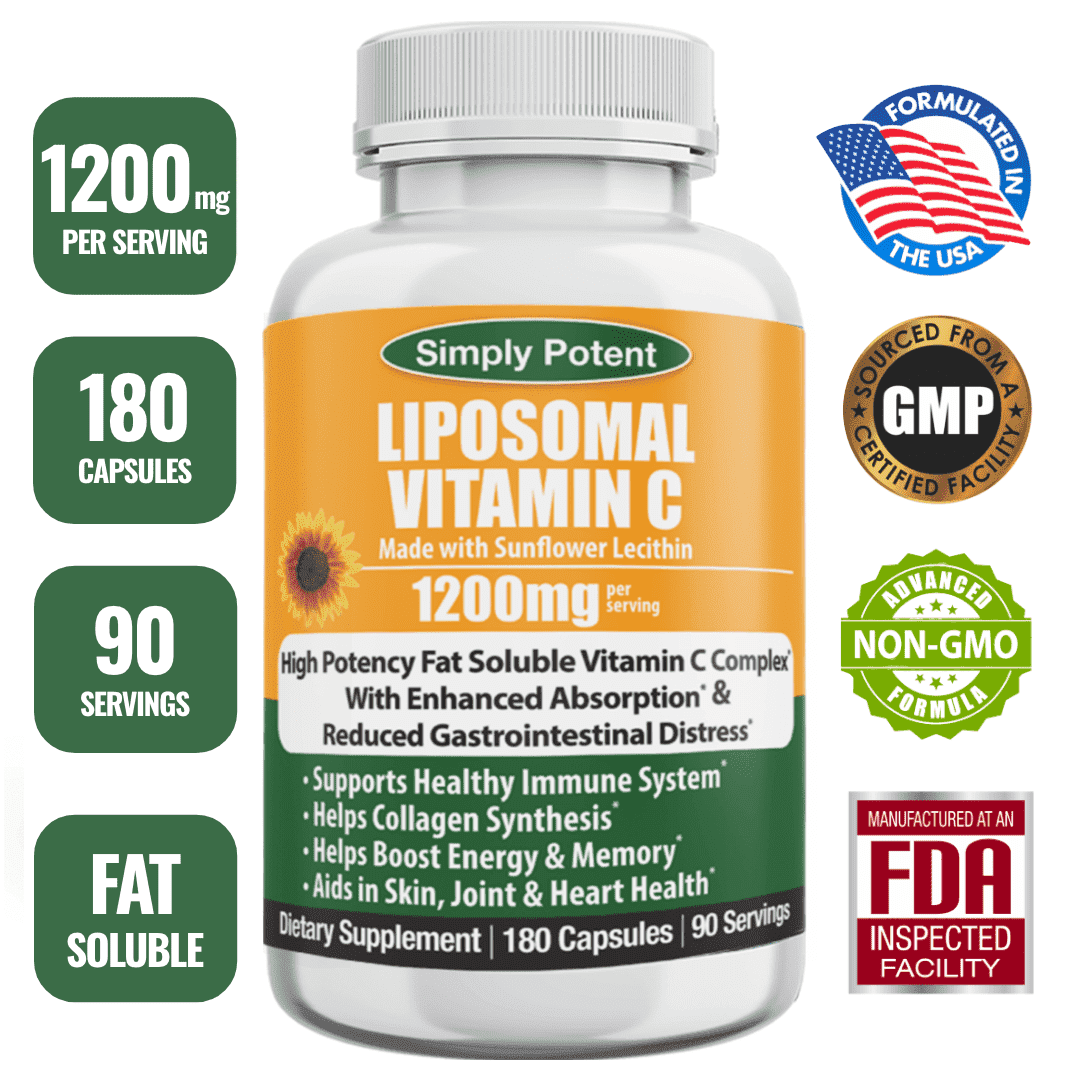 Simply Potent Liposomal Vitamin C 1200mg, 180 Capsules for Immune Support and Skin Health