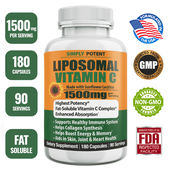 Simply Potents Liposomal Vitamin C 1500mg - 180 Capsules, High Dose Ascorbic Acid for Immune Support, Energy