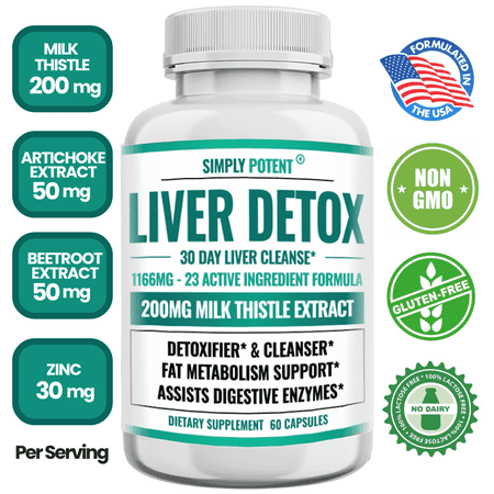 Simply Potent Liver Detox & Cleanse Supplement, 23 Ingredient Liver Support with Milk Thistle, Dandelion, Turmeric, Ginger, Choline, Artichoke, Beet, Alfalfa, Zinc, Grape Seed & 13 More, 60 Capsules